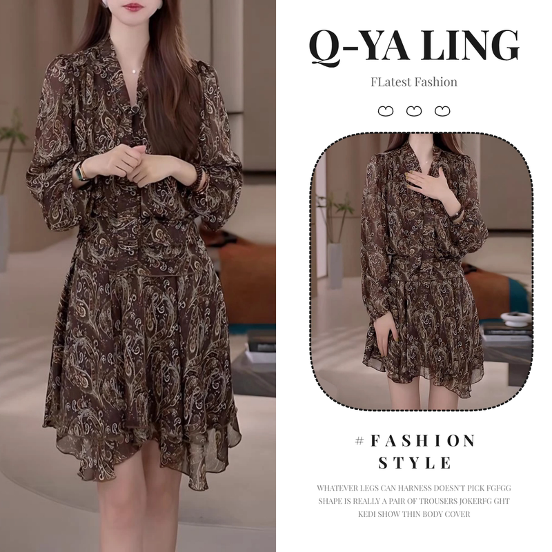 Vintage-Style Printed V-Neck Tie-Up Long-Sleeve Dress for Women, 2026 Autumn Casual Loose Slimming Paisley Dress