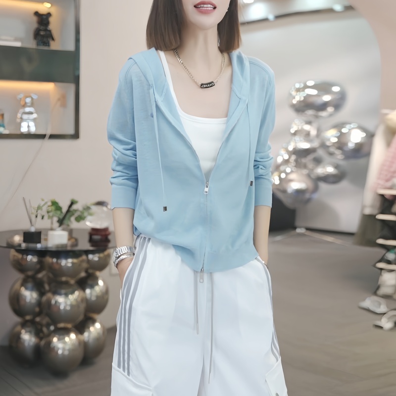 Korean-Style Simple Hooded Double-Zipper Knit Cardigan for Women, 2026 Spring/Summer New Stylish Youthful Casual Versatile Top