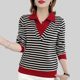 Pure cotton fake two-piece striped polo collar 2023 spring new long-sleeved T-shirt large size women's loose cover belly and slimming