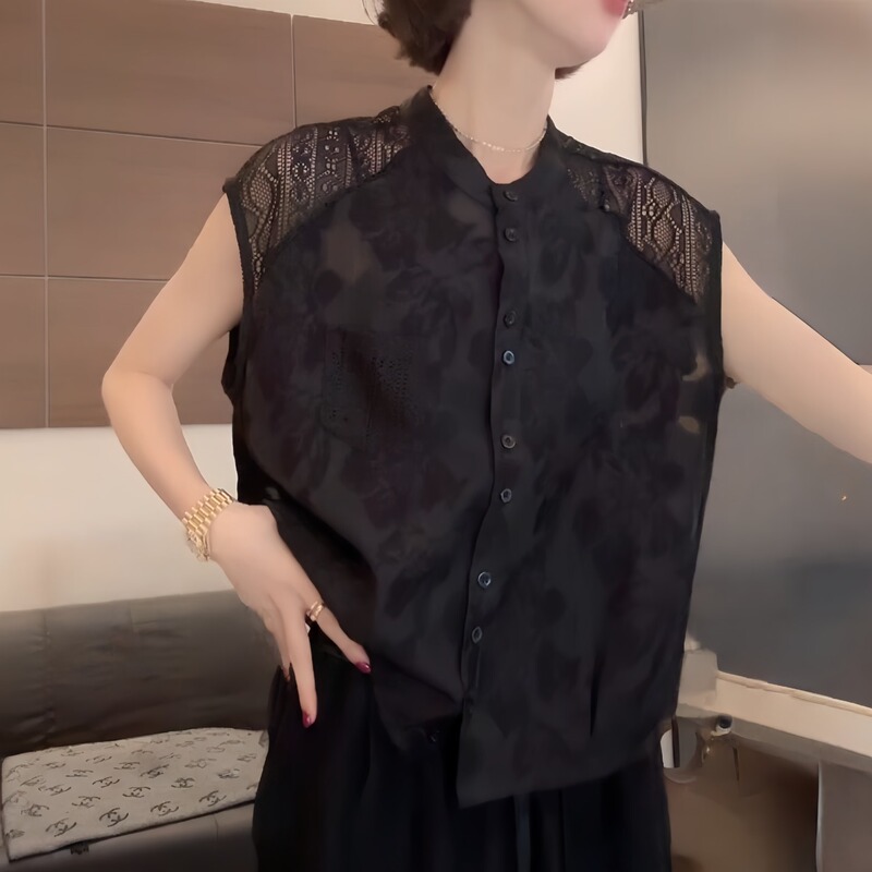 Stylish Black Lace Sleeveless Shirt T-Shirt for Women 2026 Summer New Loose Slimming Trendy Versatile Top