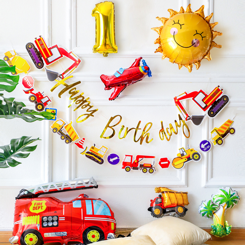 Online Red Excavator Week of Year Happy Birthday BIRTHDAY ALUMINUM FILM BALLOON PLACEMENT BACKGROUND WALL DECORATION BOY CARTOON CAR WOMAN