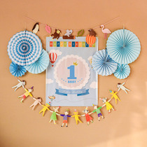 Baby Birthday Party Cartoon Motif Posters Decorate Childrens Birthday Background Wall Placement Creative Paper Flower Fan Package