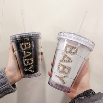 Creative Net red double plastic suction tube Cup adult ins Wind transparent water Cup girl student Milk Cup