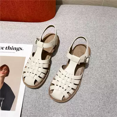WUXIE beige French round head hollow woven Roman shoes with a word buckle bag head sandals