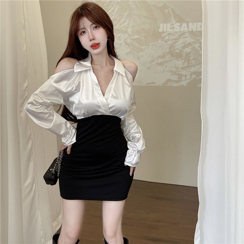 Extra Large Size 150kg Pure Desire Off-Shoulder Patchwork Long-Sleeve Dress for Plus-Size Women, High-End and Elegant Off-Shoulder High-Waisted Dress