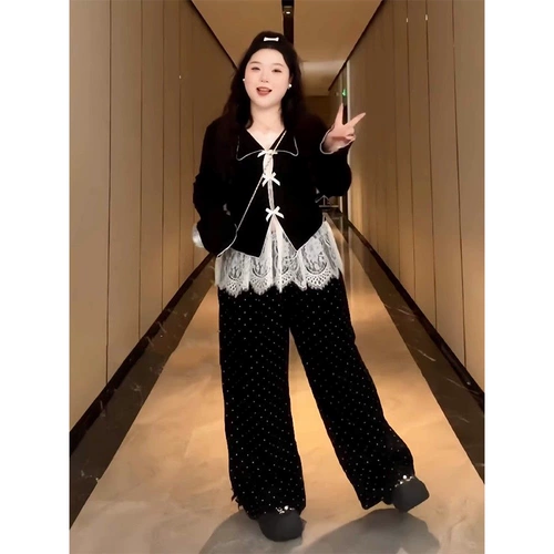 Кружевные штаны с бантиком, комплект, большой размер, эффект подтяжки, 3 предмета, осенние