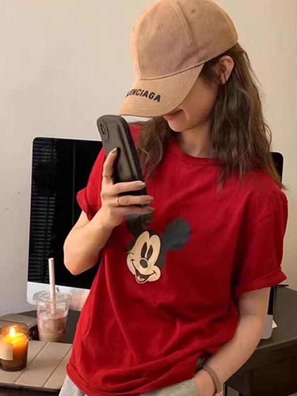 Extra Large Size 150kg American High Street Cartoon Print Red Short-Sleeved T-Shirt Summer Loose Lazy Style Bf Top for Women