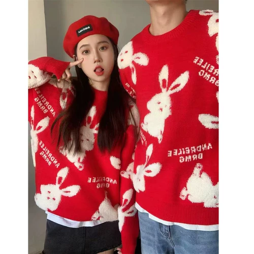 Очень большой красный оберег на день рождения, демисезонный свитер, праздничнная трикотажная парная одежда для влюбленных, большой размер, год кролика