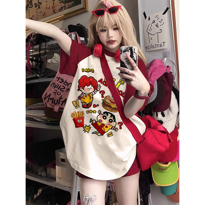 Extra Large Size 150kg American-Style Red Cartoon Heavyweight Pure Cotton Patchwork Short-Sleeve T-Shirt Summer Dopamine Outfit Top