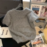 Очень большая трикотажная весенняя футболка, свитер, большой размер, V-образный вырез, 2023, короткий рукав