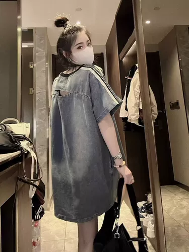 Большой размер, 300 фунтов, европейское джинсовое платье с вышивкой и потертостями для полных, модная свободная прямая юбка в западном стиле с короткими рукавами для женщин