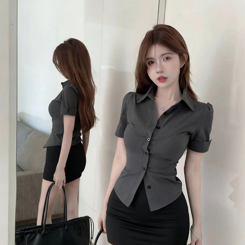 Sexy and Alluring Waist-Cinching Short-Sleeve Gray Shirt Set with Skirt, Ol Uniform, Slim-Fit Shirt, Bodycon Skirt, Professional Workwear