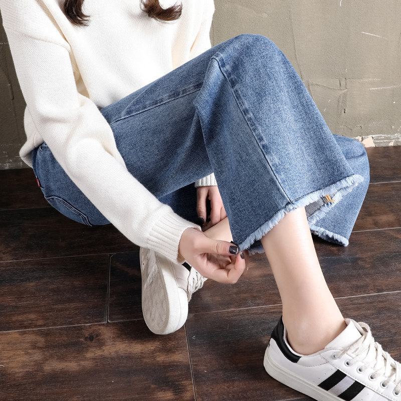 Hair Side High Waist 90% Wide Leg Jeans Woman 2021 Spring Han Edition New student bf Wind Loose Straight Drum Pants