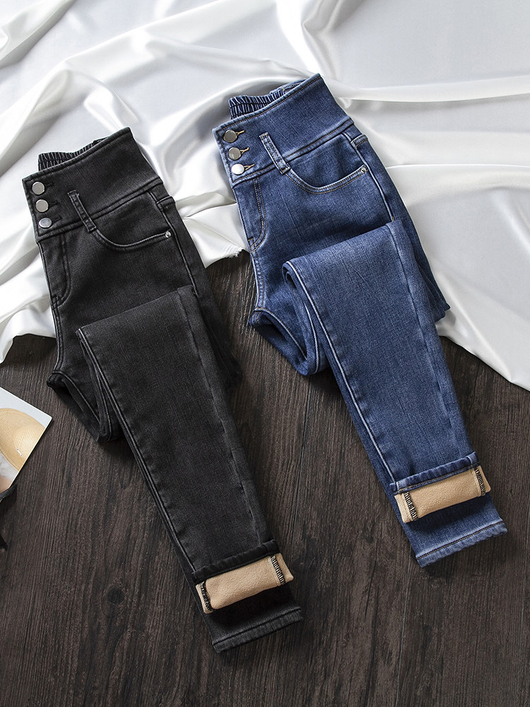 Elastic waist plus velvet jeans women's high waist thin wild 2020 autumn and winter new trend thickened small feet pencil pants