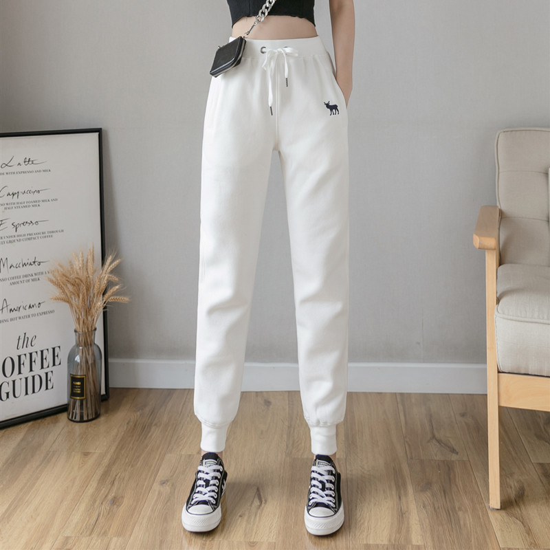 Pure Cotton Women's Jogger Pants, Loose Fit, Autumn and Winter Casual New Style, Fleece-Lined, White, Thin, High-Waisted Sweatpants for Women