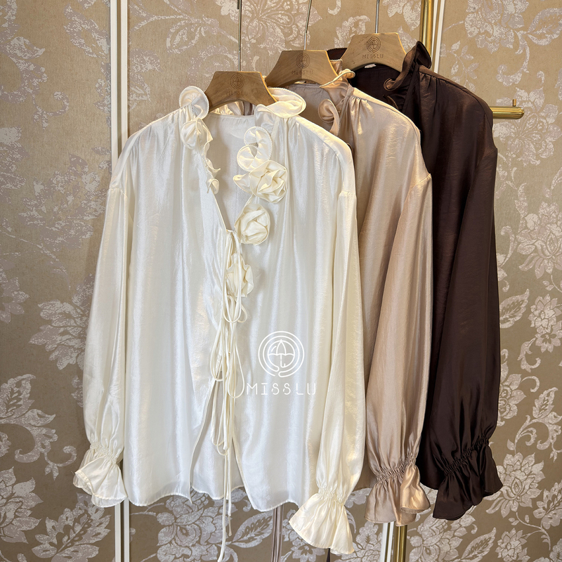 Three-Dimensional Floral Ruffle Tie-Up Solid Color Shirt French Elegant Autumn New Top Shenzhen Nanyou Women's Clothing Three-Dimensional Floral Ruffle Tie-Up Solid Color Shirt French Elegant Autumn New Top Shenzhen Nanyou Women's Clothing