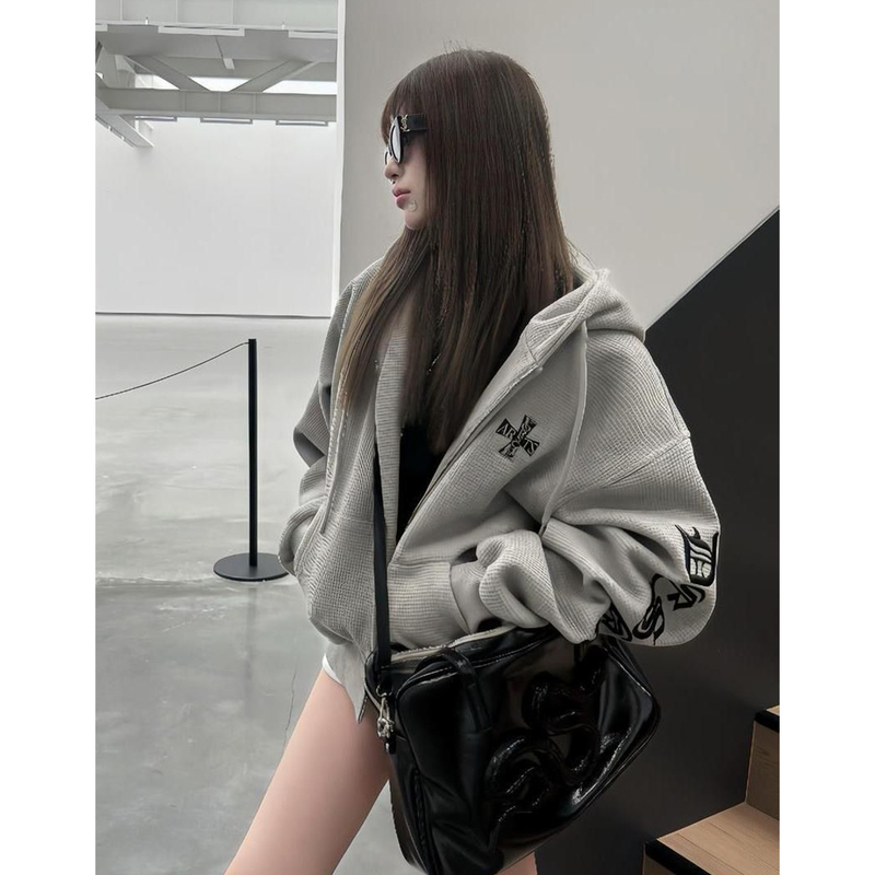 Bonheur Korean Retro Waffle Jacket for Women, Hooded Heavy Fleece Gothic Style Cross Cardigan Sweatshirt Bonheur Korean Retro Waffle Jacket for Women, Hooded Heavy Fleece Gothic Style Cross Cardigan Sweatshirt