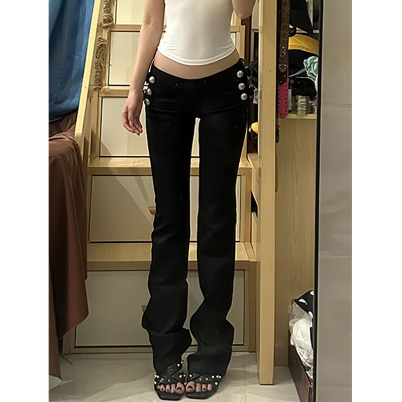 Bonheur American-Style Spicy Girl Jeans for Women with Button Decoration, Y2K Slim Fit, Low-Waist, Black Flared Long Pants Bonheur American-Style Spicy Girl Jeans for Women with Button Decoration, Y2K Slim Fit, Low-Waist, Black Flared Long Pants