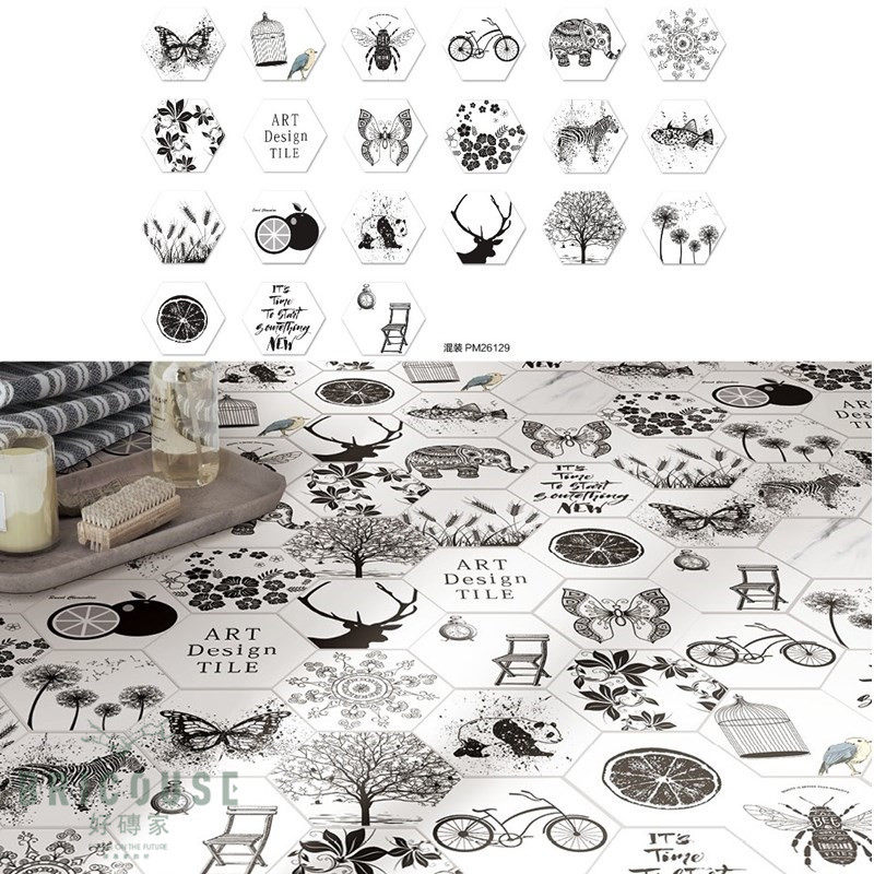 Black and white European hexagonal brick art tile kitchen bathroom tile background bar balcony non-slip brick 200230