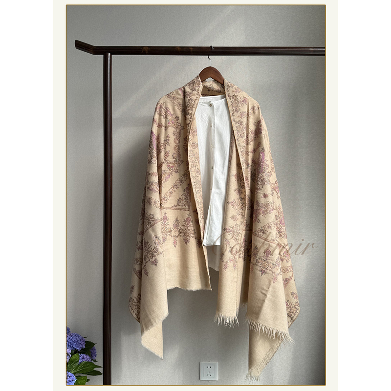 【Coshmir】Light Milk Tea Color Hand-Spun Silk Fully Embroidered - Kashmiri Handmade Cashmere Scarf Shawl