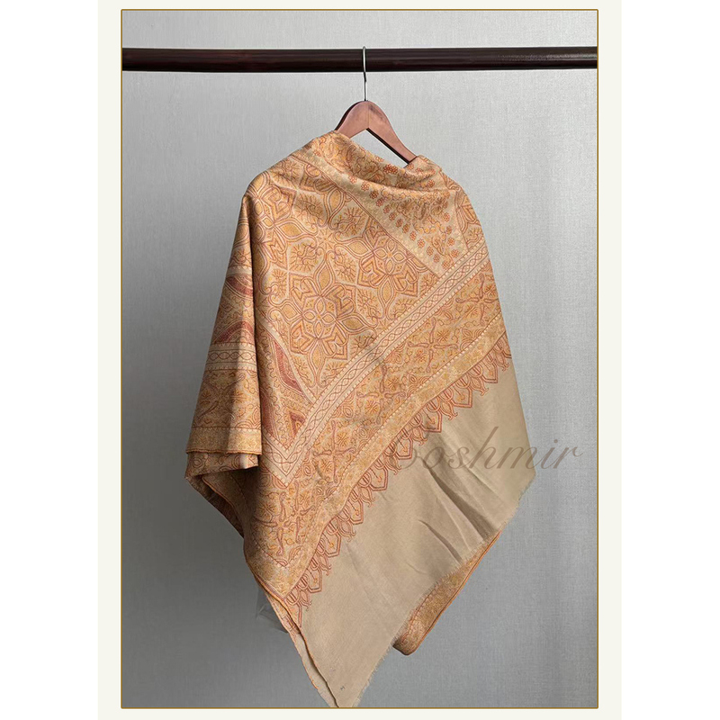 【Coshmir】Gents Milk Tea Gold Silk Fully Embroidered Old Embroidery - Kashmir Handmade Cashmere Scarf Shawl