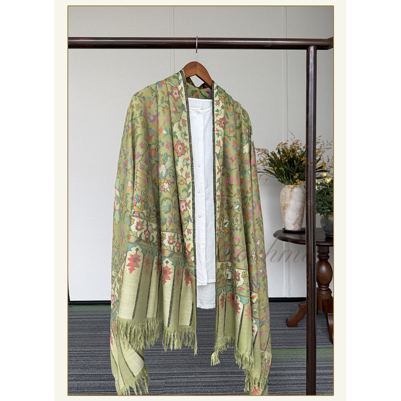 【Coshmir】Spring Matcha Green Kani Qr-Cashmere Handmade Cashmere Scarf Shawl