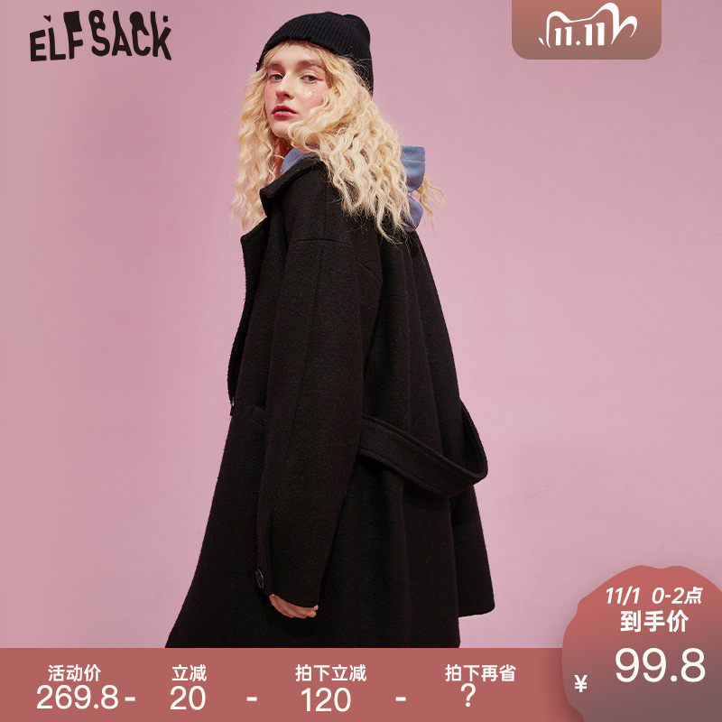 双11预售 妖精的口袋 女式中长款黑色羊毛呢大衣 ￥99.8包邮（需40元定金）限11.1日0-2点付尾款