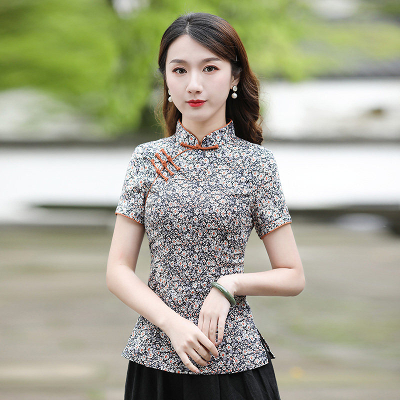 Junya Tang clothing Chinese style women's clothing mother cheongsam top women's summer short-sleeved fashion floral tea clothes Chinese women's clothing