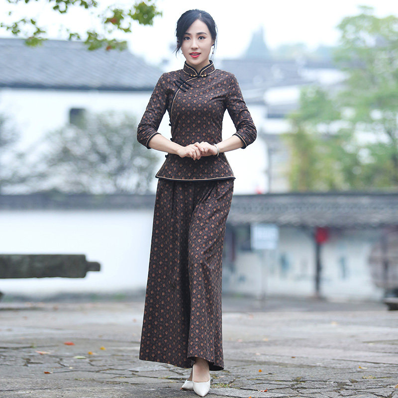 Junya cheongsam suit pants two-piece women's 2022 new complete set with women's casual fashion retro big spring