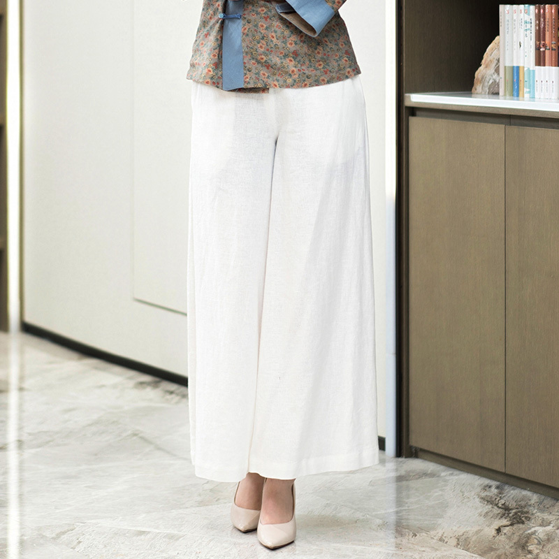 Yunya Ethnic Style Wide-Leg Pants Paired with a Cheongsam, Tea Art Clothing, White Chinese-Style Long Pants, Vintage Chinese-Style Women's Pants