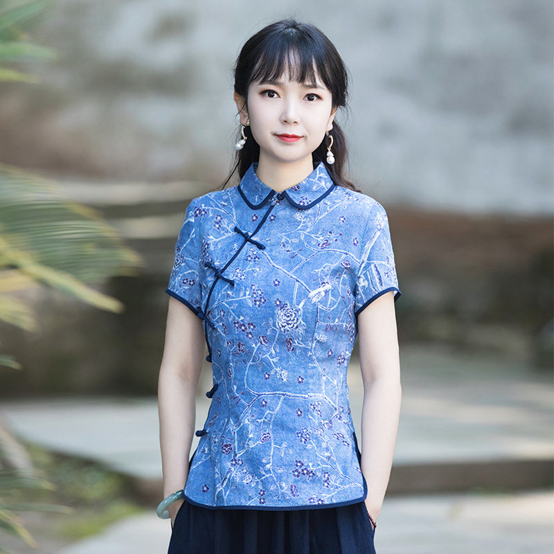 Junya Tang Dress Lady China Wind Summer Short Sleeve Cotton Linen Blouse Thin printed breathable Retro style Chinese women's clothing