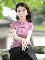 Junja Tang Dress Womens Summer Thin Section Improved Qipao Blouse Blouses Short Sleeves Cotton Numb Zen Mansuit Tea Suit Tray Button womens clothing