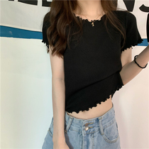 Black wooden ear short sleeve knitted T-shirt female Autumn New Korean slim slim short Joker top ins tide