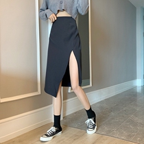 Slit irregular skirt womens summer 2021 New Korean version of high waist thin Medium-length dress black A- line dress