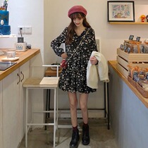 Spring and autumn 2021 new female French black floral dress female retro short small skirt