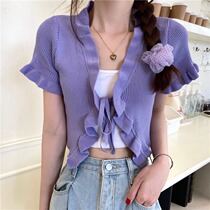 Design sense niche wooden ear strap purple short sleeve knitted outer cardigan female summer Joker thin short top