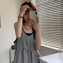 French niche V-collar Plaid sling dress female Summer Sweet First Love line waist slim long skirt