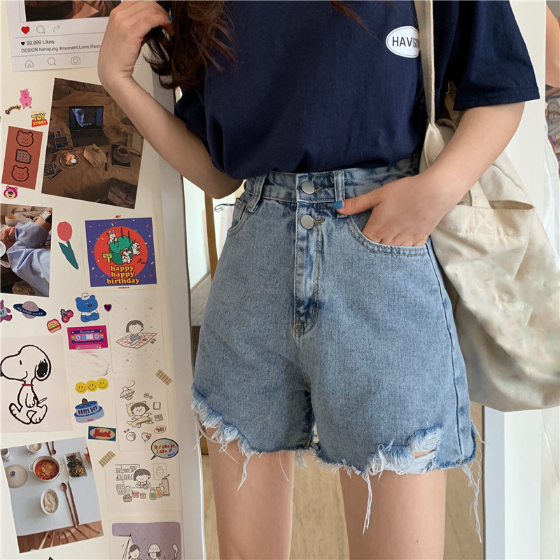 2022 Summer new Korean version High waist jeans shorts female loose display slim A-word broadlegged pants thermal pants