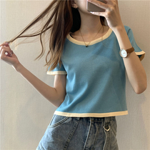 Summer new all-match color square collar white short sleeve t-shirt women casual collarbone slim knitwear shirt top ins tide