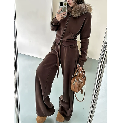 Демисезонная утепленная утепленная толстовка, комплект для отдыха, коричневый ретро спортивный костюм, изысканный стиль, по фигуре