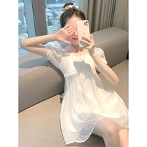 Sweet first love White lace super fairy fairy skirt French bubble sleeve halter Chiffon small dress for women