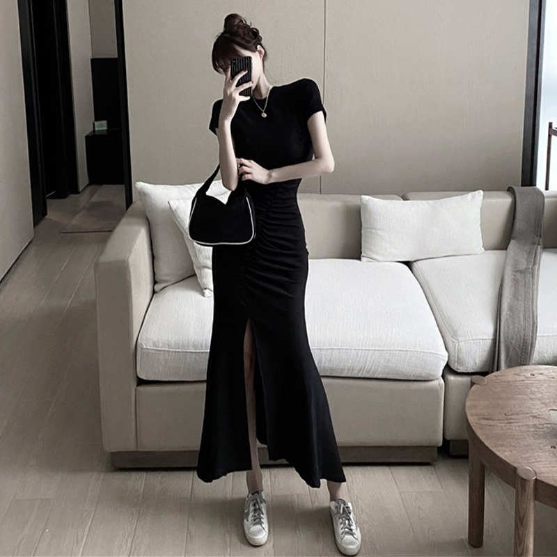 2021 summer new irregular split dress women's retro high waist thin hip long skirt to the ankle