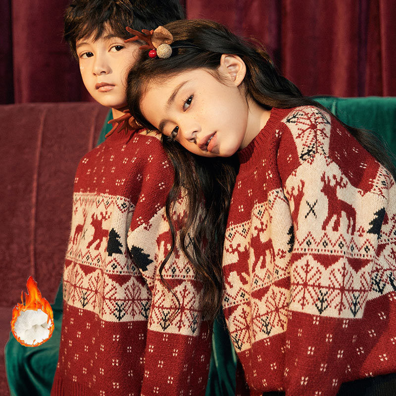 Men's and Women's Children's Sweaters, New Autumn and Winter Styles, Cute Christmas Red Tops, Korean Style Baby Thickened Fleece Pullover Knitwear