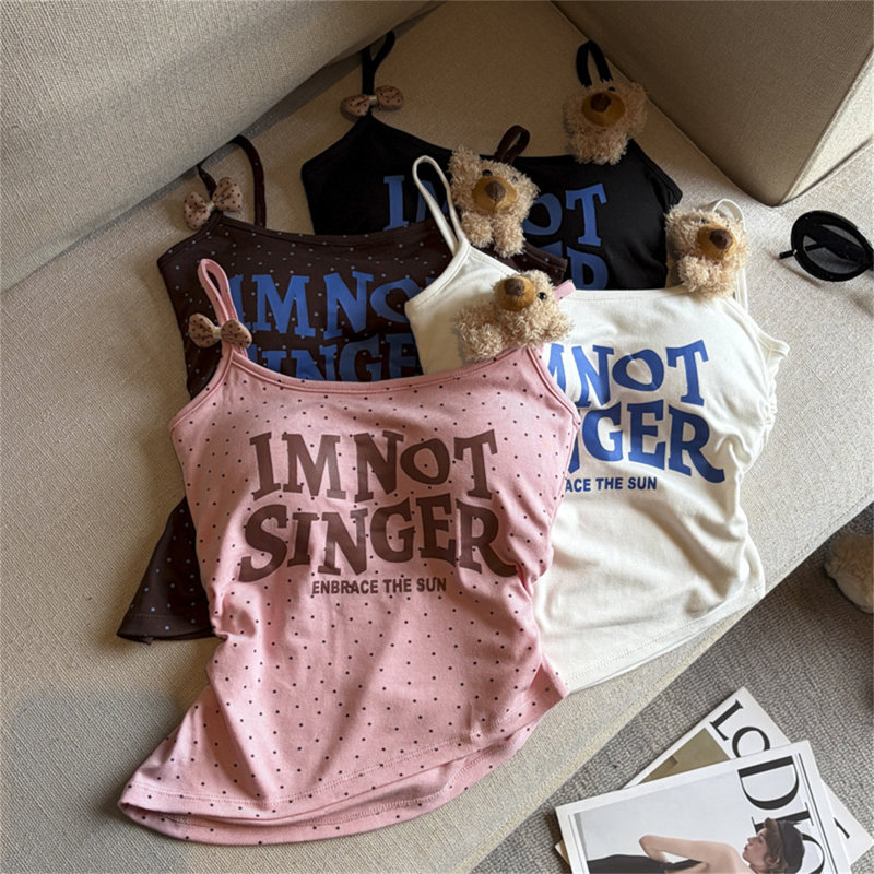 Little Bear Decorative Letter Print Polka Dot Camisole with Chest Pads for Women, Summer Outerwear, Irregular Inner Wear Tube Top