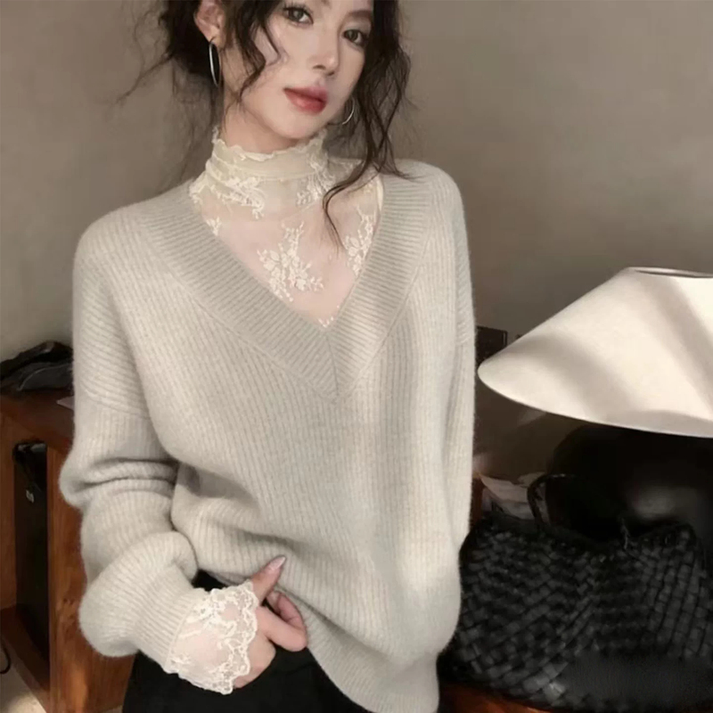 Lace Half-High Collar Base Shirt for Women, Autumn and Winter Layering Sweater, Sheer Patchwork Ruffle Collar Mesh Top