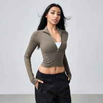 Half-high collar zipper sports jacket high elasticity breathability waist slimming yoga wear womens fixed finger buckle fitness wear autumn