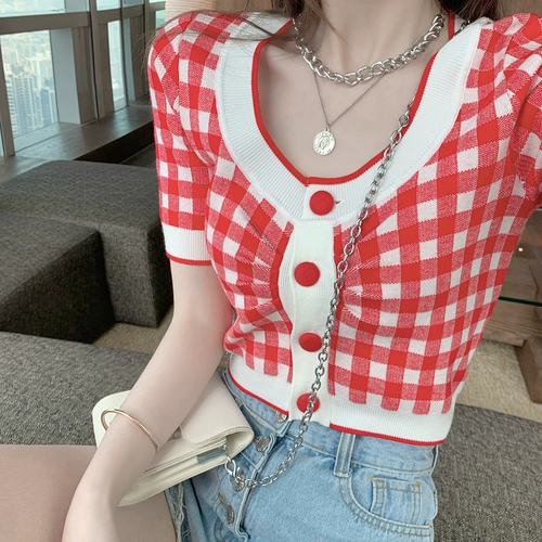 Летний ретро дизайнерский короткий кардиган, 2021 года, тренд сезона, высокая талия