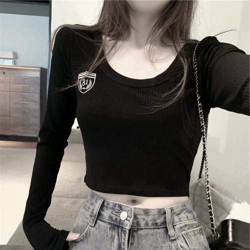 Черный базовый приятный телу короткий сексуальный лонгслив, осенний, 2020 года, высокая талия, в обтяжку