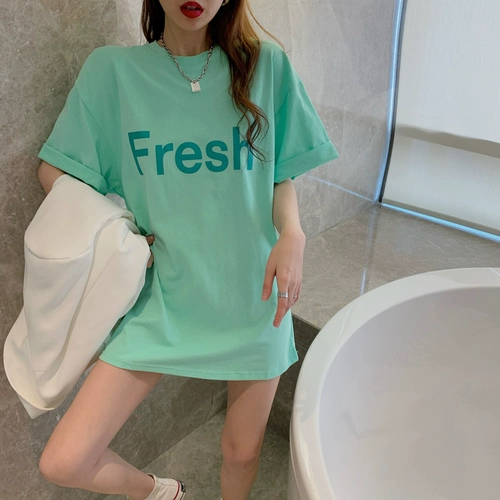 Летняя длинная хлопковая футболка с коротким рукавом, короткий рукав, средней длины