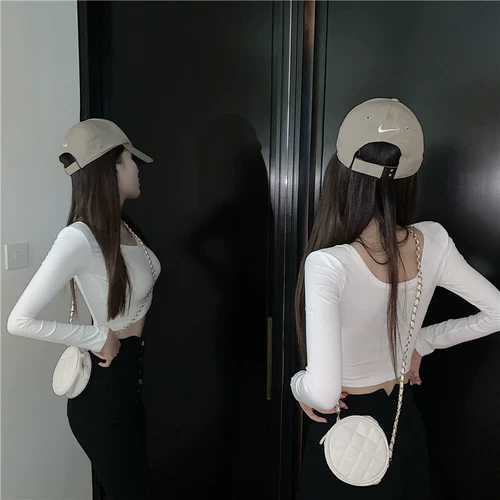 Сексуальный весенний короткий приталенный белый базовый приятный телу лонгслив, высокая талия, V-образный вырез, 2021 года